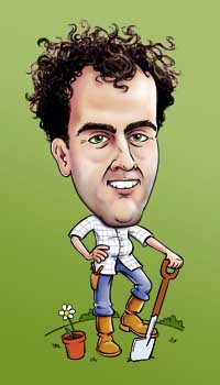 Illustration: cartoon picture of Simon Bunting holding a spade